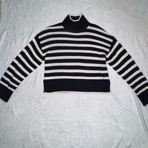 Divided Black and White Striped Turtleneck Sweater